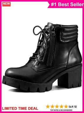 Women Round Toe Chunky Heel Lace Up Platform Combat Boots